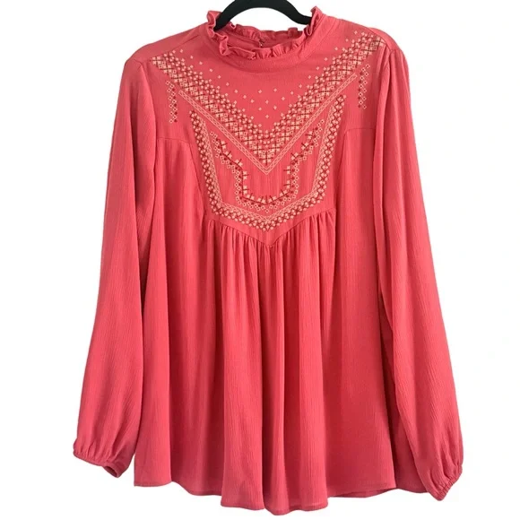 Torrid Embroidered Pink/Terra Cotta Blouse - Picture 2 of 9